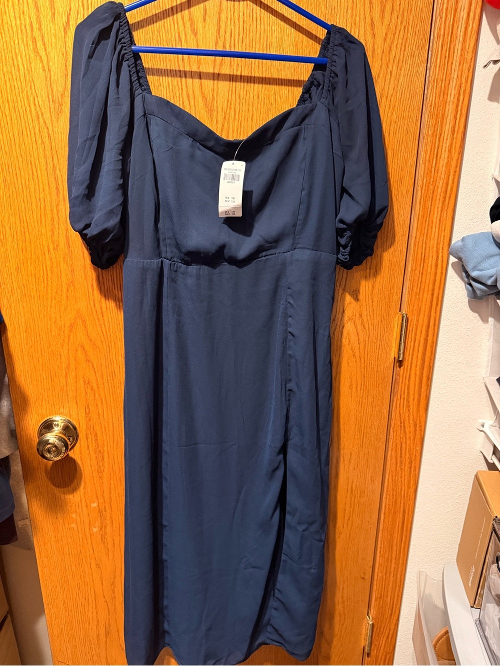 Abercrombie and Fitch Navy Puff-Sleeve Midi Dress - Elegant Women's Dress 12P